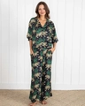 Women's two-piece leopard print set with short sleeve top and high-waist wide-leg pants - S / Dark Green