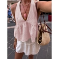Detail of a pink checkered V-neck camisole paired with a white layered lace skirt - S / Pink
