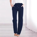 Detail of navy blue linen straight leg pants with elastic waist and drawstring closure - Navy Blue