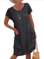 Detailed view of the summer cotton linen dress showing side pockets and fabric texture - S / Black