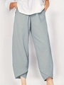 Women's light blue casual cropped pants with elastic waist and unique cross-stitch hem - Silver Gray