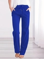 Detail of light blue linen trousers showing elastic drawstring waist and straight leg fit - Blue