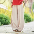 Pantalones anchos de lino y algodón beige para mujer con cintura elástica y estilo retro - S / Albaricoque