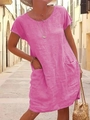 Detail of loose pink cotton linen dress with practical side pocket and summer texture - S / Bright Pink