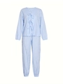 Blue and white gingham two-piece loungewear set with bow ties and elastic cuff pants - S / Blue
