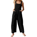 Detail of wooden buttons on loose black cotton jumpsuit with textured fabric - Black