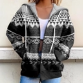 Women's oversized zip-up hoodie with vintage black and grey geometric pattern prints - S / Gray