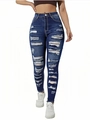 Jeans skinny a vita alta blu scuro con dettagli strappati e bordi a taglio vivo per donna - S / Blu