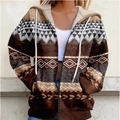 Women's vintage geometric print zip-up hooded jacket in brown and beige patterns - S / Earthy Yellow