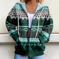 Women's full-zip vintage tribal geometric print hoodie in dark green and white - S / Green