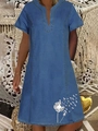 Abito midi in denim blu da donna con scollo a V e stampa floreale di dente di leone - Stampa Soffione Libellula Blu