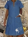 Abito in denim blu da donna con scollo a V, maniche corte e stampa di dente di leone - S / Blu Scuro Stampa Tarassaco