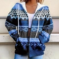 Women's vintage geometric print zip-up hoodie with blue ethnic pattern and drawstrings - S / Blue