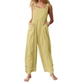 Detail of loose cotton linen overalls featuring buttoned straps and functional side pockets - Khaki