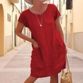 Red cotton linen summer dress with short sleeves and pockets in loose casual fit - S / Red