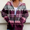 Women's bohemian hoodie jacket with geometric wine red patterns and white drawstring - Red