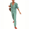 Green gingham two-piece cotton linen set featuring long-sleeve tie-top and matching pants - S / Green