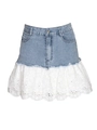 Minifalda vaquera con patchwork de encaje y detalles de bordado blanco con volantes - S / Azul