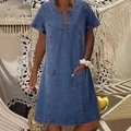 Abito corto in denim blu con scollo a V e tasche per lo stile estivo casual - 0XL / Blu Scuro Con Tasche