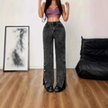 Damen High Waist Wide Leg Jeans mit Acid-Wash-Optik und seitlichen Metallknöpfen in Dunkelgrau - S / Dunkelgrau