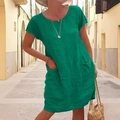 Emerald green loose cotton linen dress with short sleeves and pockets for summer - S / Green