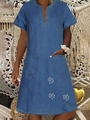 Detailed V-neck denim dress with short sleeves and cute white paw prints on the hem - Dark Blue Paw Print