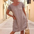 Relaxed grey-purple cotton linen short sleeve dress with pockets for summer - S / Apricot