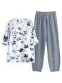 Women's two-piece casual set featuring floral print white top and grey-blue loose trousers - S / Top And Bottom / White Top With Blue Floral (Image Color 45)