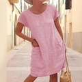 Short sleeve light pink cotton linen dress for women with pockets and round neck - S / Pink