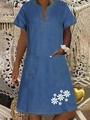Detailed close-up of a blue V-neck dress featuring a white daisy print and functional pockets - Dark Blue Natural Daisy Print