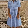 Light blue short sleeve tiered denim midi dress with buttons and classic collar design - S / Light Blue