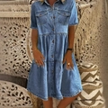 Short sleeve mid-blue denim dress with button-up front and tiered cake skirt style - S / Dark Blue