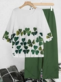 Detail of white round neck top with clover print and dark green wide leg trousers set - S / Top And Bottom / Clover Print (Image Color 4)