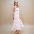 Floral sleeveless maxi dress in pink and white with lace straps and bow details - S / Pink