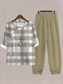 Detail of floral plaid top and khaki pants with unique petal-cut hem for women - S / Top And Bottom / Grid Floral (Image Color 6)