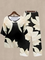Detail of floral print on two-piece set featuring wide-leg pants and a round-neck top - S / Top And Bottom / Black and White Artistic Floral