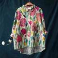 Women's artistic floral print cotton linen long sleeve shirt with curved hem - S / Colorful Floral