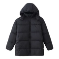 Close-up of black oversized puffer coat with horizontal quilting and hooded design - S / Black