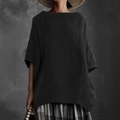 Camiseta vintage de mujer en algodón y lino, diseño holgado y relajado en color negro - S / Negro