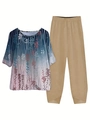 Detail of floral print top with gradient blue design and unique cross-cut hem khaki pants - S / Top And Bottom / Blue Gradient Floral (Color 27)