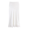 Close-up of white satin midi skirt featuring elegant lace hem and silky smooth texture - White