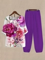 Detail of floral print top and purple wide-leg pants on a wooden hanger setup - S / Top And Bottom / Deep Pink Purple Floral (Style 28)