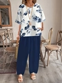 Women's casual two-piece set featuring floral print short sleeve top and wide-leg trousers - S / Top And Bottom / Blue White Floral