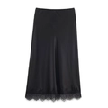 Elegant black satin midi skirt with high waist and delicate eyelash lace hem detailing - Black