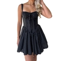 Polka dot camisole mini dress in black with white dots and delicate lace trim edge - S / Black