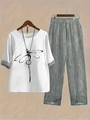 Detail of dragonfly print and striped patchwork on a white casual two-piece summer set - S / Top And Bottom / White/Black & White Stripes (Dragonfly Print)