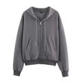 Deep grey ribbed cotton zip-up hoodie with adjustable drawstring and front pockets - S / Tops