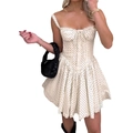White polka dot camisole dress with lace trim and backless slim fit design - S / Apricot