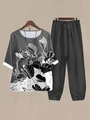 Close-up of women's grey two-piece set featuring white floral print and linen texture - S / Top And Bottom / Dark Grey (Floral Print)