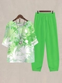 Detail view of the floral print short sleeve top and elastic waist trousers set - S / Top And Bottom / Light Green Floral (Image Color 37)